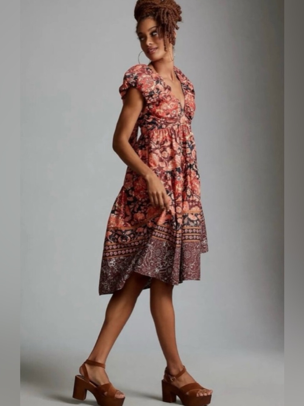 NWT Anthropologie Red and Burnt Orange Floral Midi Dress With Back Tie.Size 10 - Picture 3 of 10